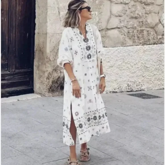 ZARA Oversized Linen Blend Floral Print MIDI Kaftan Dress White Large - Picture 7 of 13